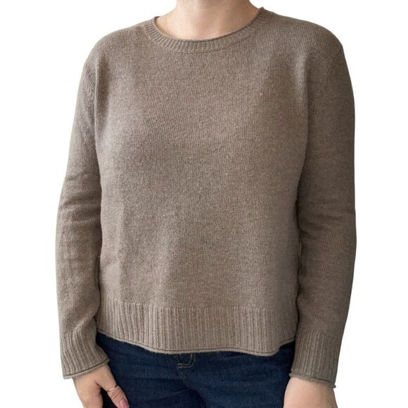 Jenni Kayne Sweaters - Jenni Kayne Tan Brown Cashmere Wool Blend Cropped Crewneck Oversized Sweater S